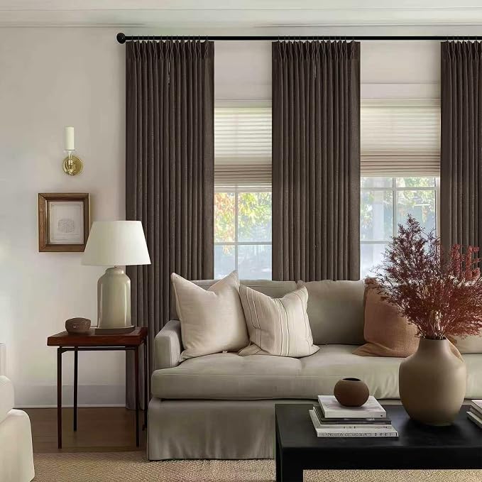 TWODRAPES Dark Chocolate Pinch Pleated Linen 120 Inch Curtains 2 Panels for Living Room Bedroom Memory Training Shaped Semi Sheer Pleat Drapes with Hooks Rings Light Filtering Window Curtain 40x120