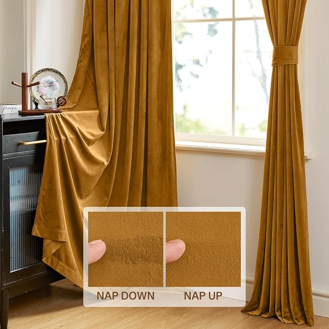 StangH Mustard Gold Curtains - Thick Heavy Velvet Drapes for Bedroom Light Blocking Chill & Heat Resistant Window Panels for Halloween, W52 x L90, 2 Panels