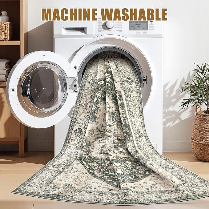 Area Rug for Living Room - 6x9 Washable Oriental Vintage Floral Large Soft Carpet - Fade Stain Resistant Non Slip Rugs for Bedroom Dining Room Nursery Dorm Office Home Decor - Vintage Green