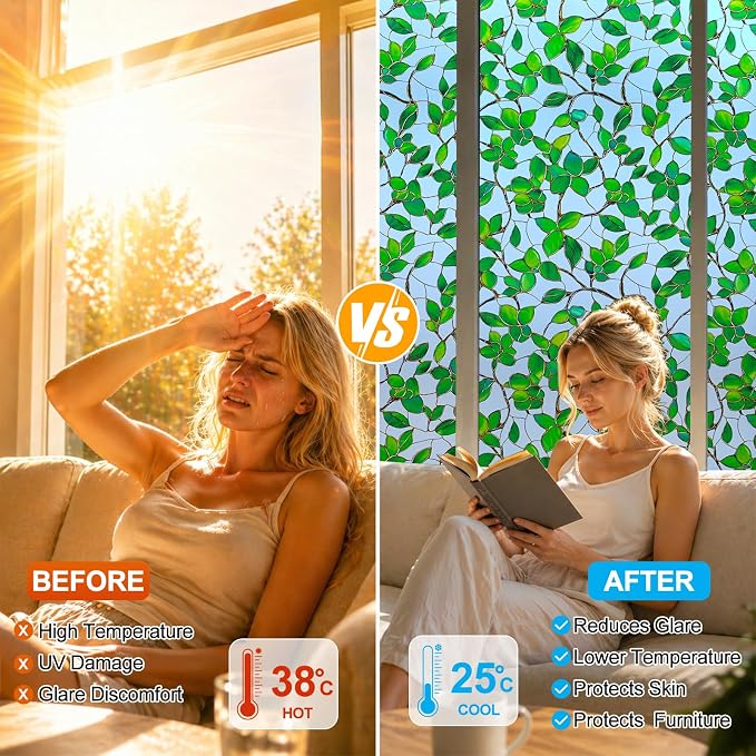 Countewol Privacy Window Film Upgraded 24H Day & Night Privacy Heat Insulation Static Cling Decorative Glass Film(Upgraded UV Greenery,17.5 X 78.7 in)