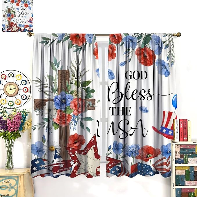 4th of July Curtain,Red Blue Floral Patriotic Independence Day Drapes for Bedroom Living Room Kitchen Window Treatment 2 Panels Set Total Size 42" W X 63" L Inch