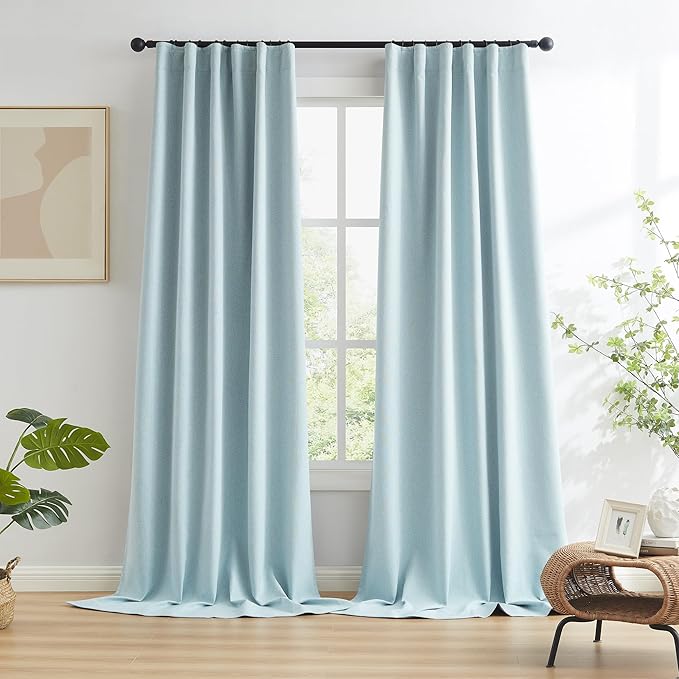 KEQIAOSUOCAI Extra Long 108 Inch Full Blackout Curtains for Large Window, Linen Textured Back Tab Hook Belt Pleated Tall Drapes for Living Room Dining 2 Panels Set, 50 Wide, 9 FT, Light Sky Blue