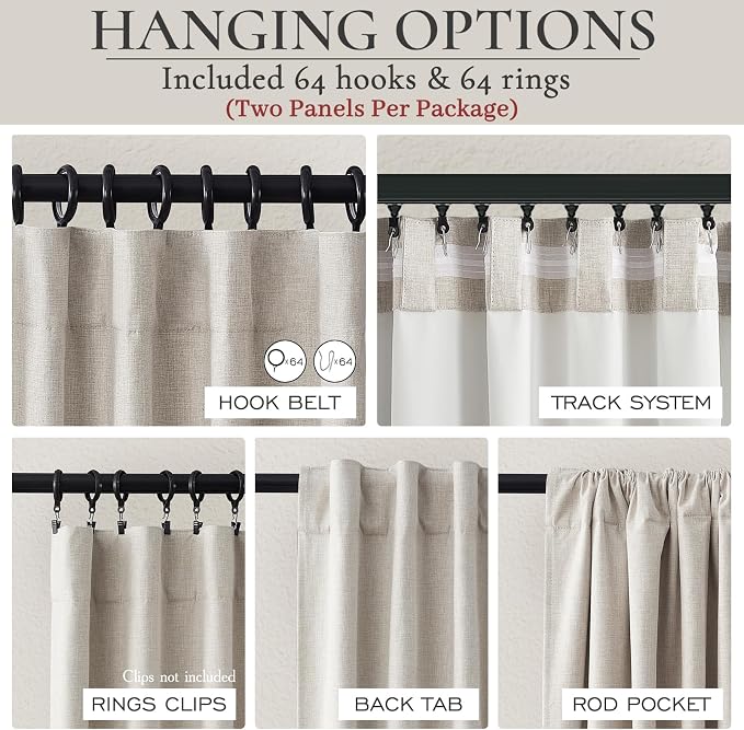 Curtains 100 Inch Length Wide Pleated Blackout Curtain for Sliding Glass Door,Farmhouse Natural Linen Thick Thermal for Summer Heat/Sound Noise Reducing Heavy Large Window Drapes (100"Wx108"Lx2Panels)