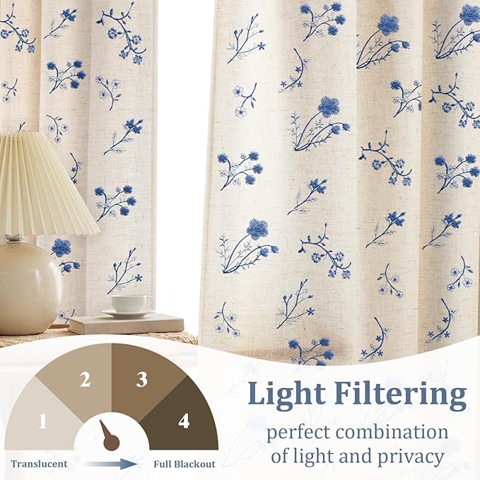 Blue Floral Embroidered Linen Blend Curtains for Bedroom, 84 Inch Light Filtering Spring Farmhouse Vintage Drapes for Living Room Rod Pocket, Set of 2 Panels