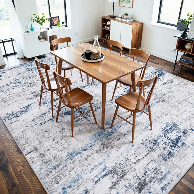Area Rugs 10x14 Living Room: Large Soft Washable Rug Modern Abstract Anti-Skid Non-Shedding Carpet Indoor Floor Thin Carpets for Bedroom Dining Room Farmhouse Nursery Home Office White Gray Blue