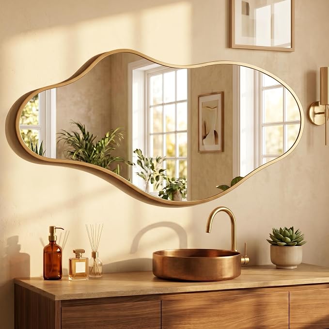 Dorlicecass Bathroom Mirrors for Over Sink - Long Wall Mirrors Decorative 24"x 43" Asymmetrical Abstract Aviation Aluminum Alloy Frame Unique for Bedroom, Living Room, Cloakroom, Entryway Gold