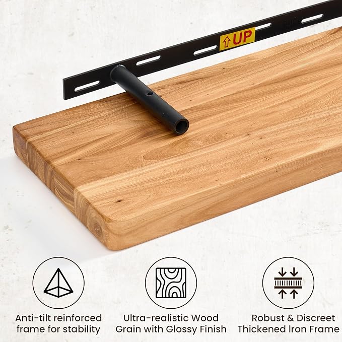 Fun Memories 55 Inch Floating Shelf, 8 Inch Deep Rounded Edge Extra Long Solid Elm Wood Shelf with Hidden Bracket, Floating Wall Shelf for Living Room & Fireplace