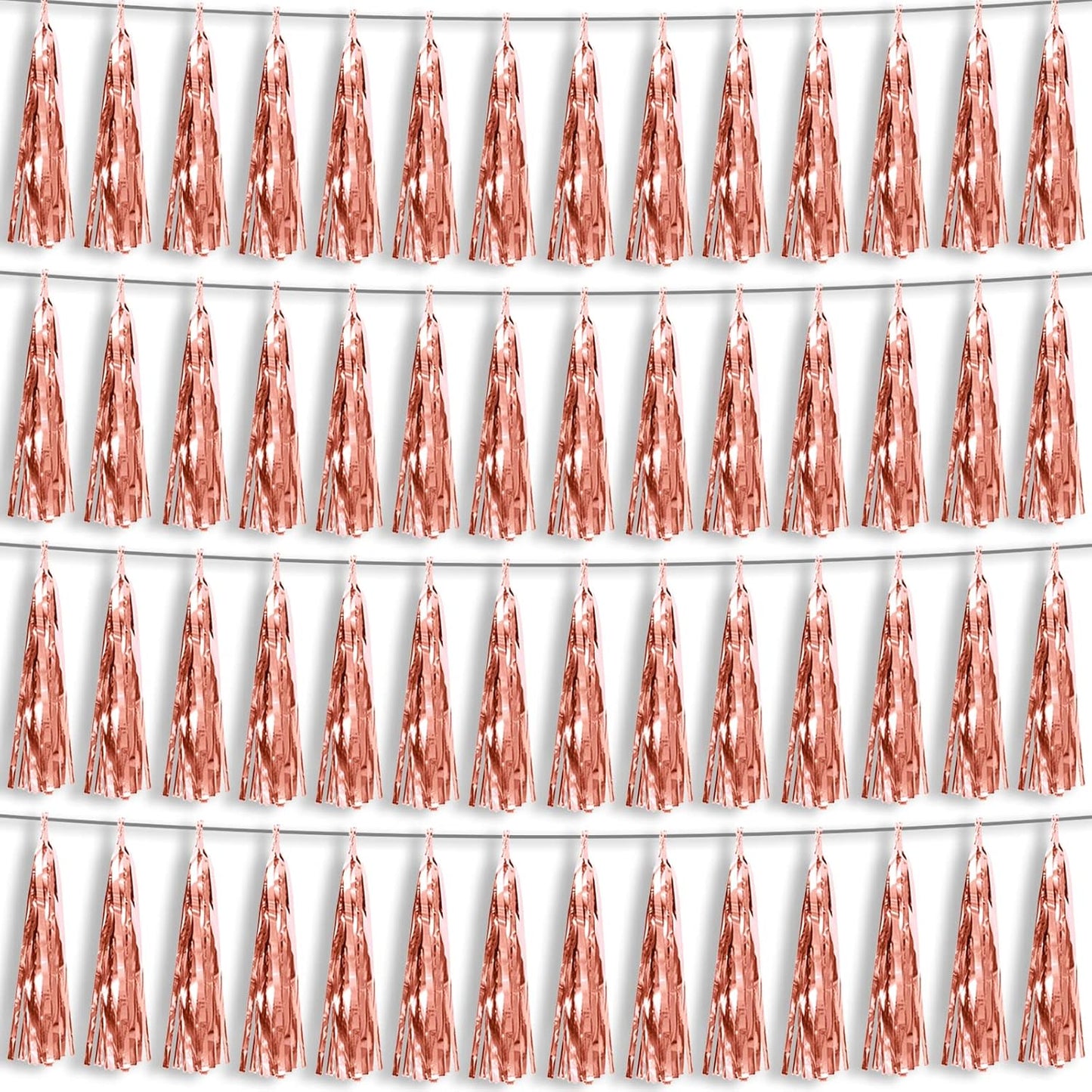 4P Rose Gold Foil Fringe Metallic Tassel Streamers Banner Tassel Garland for Parade Floats, Bachelorette, Wedding, Birthday, Halloween, Christmas, Bridal/Baby Shower Party Decorations