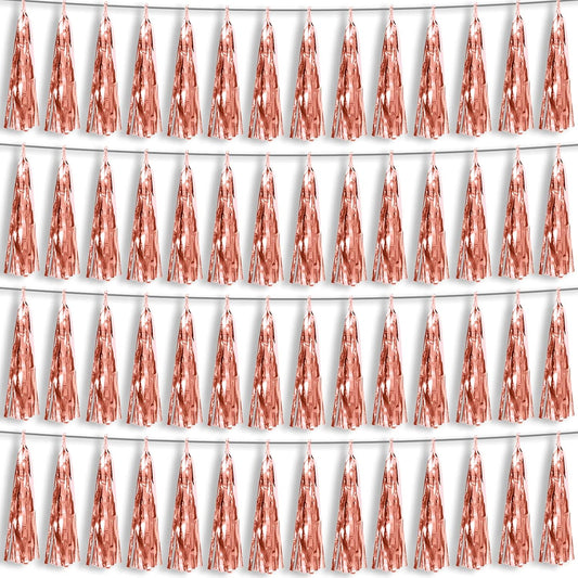 4P Rose Gold Foil Fringe Metallic Tassel Streamers Banner Tassel Garland for Parade Floats, Bachelorette, Wedding, Birthday, Halloween, Christmas, Bridal/Baby Shower Party Decorations