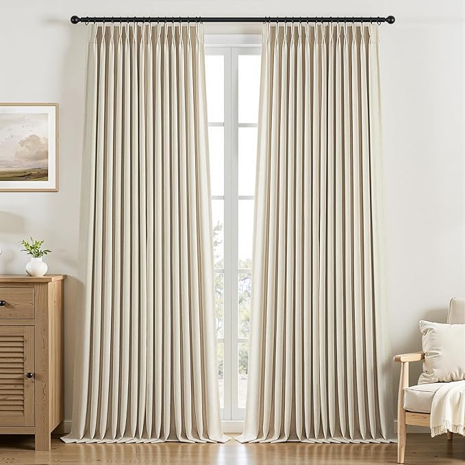 102 Inches Long 100% Blackout Ivory Beige Linen Curtains,Farmhouse Pinch Pleated Noise Cancelling Curtains with Pin Hooks for Traverse Rods, Burlap Viral Drapes 2 Panels for Living Room Master Bedroom