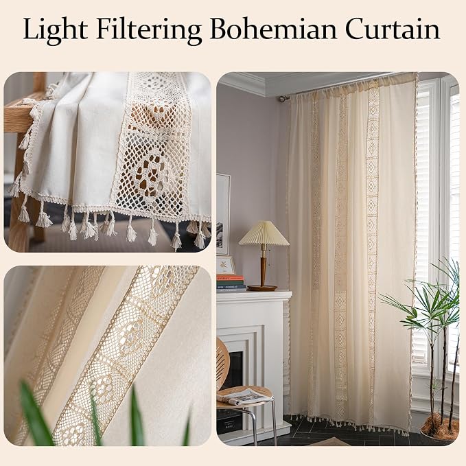 Sutuo Home Boho Curtain Crochet Lace Patchwork Semi-Blackout Bohemian Handmade Tassels, Rod Pocket Window Treatment Vintage Rustic Farmhouse Drapes for Living Bedroom, 1 Panel 59" W x 63" L, Beige