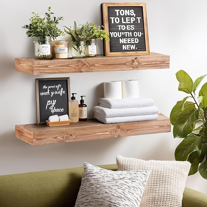 36x3x7 inch Floating Shelves Wall Mounted - Set of 2 Wood Rustic Solid Wood Wall Shelf - Heavy Duty Decorative Fireplace Mantel for Living Room, Bedroom, Bathroom, Kitchen