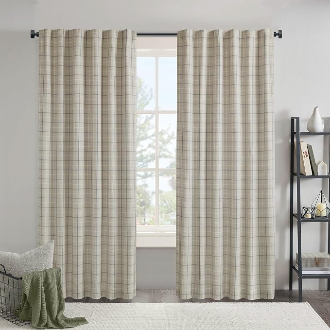 Madison Park Anaheim Cabin Plaid Curtain Window, Thermal Insulated Fleece Lining, Living Room Decor Room Darkening Drape for Bedroom, 1-Single Panel Pack, 50x95, Rod Pocket & Back Tab, Linen Blue