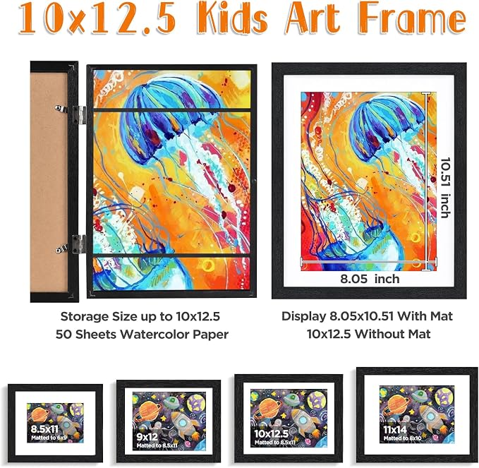 KINLINK 10x12.5 Kids Art Frame 2 Pack, Solid Wood Artwork Frames Changeable, Front Opening Hold 150 Pictures, Art Frames for Kids Artwork, 8.5x11 with Mat 10x12.5 without Mat, Picture Frames Black