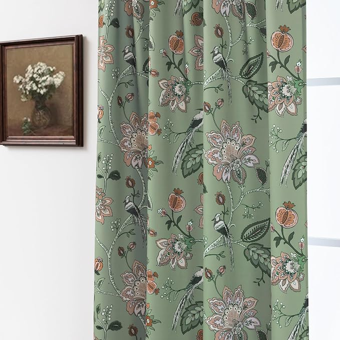90 Inch Green Floral Pattern Blackout Curtains, Boho Print Pleated Curtains for Living Room Bedroom, 2 Panel Set, 50x90 in Long