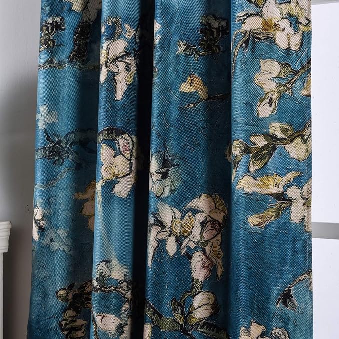 Taisier Home Chinese Style Plum Blossom Curtain Blue Artistic Print Curtains 95 Inches Long for Living Room,Personalized Pattern Curtains Bedroom Window Treatment Curtains 2 Panels Set