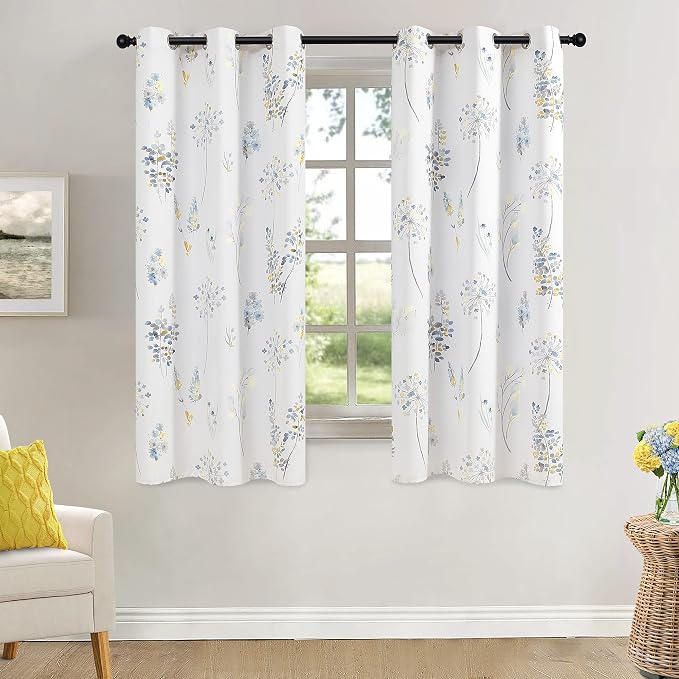 Mustard Yellow and Grey Curtains 63 Inch Length for Bedroom 2 Panels 80 Blackout Room Darkening Multi Color Colorful Floral Pattern Multicolor Curtains for Living Room Sunroom 63 Inches Long,Navy Blue