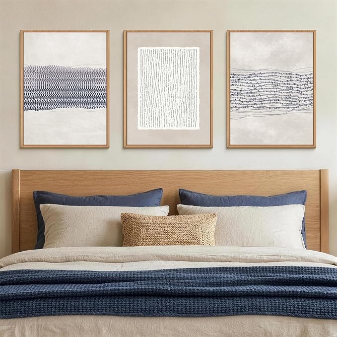 HOURIA Blue White Abstract Neutral Framed Canvas Wall Art Set,Minimalist Boho Waves Lines Wall Decor,Modern Geometric Shapes Print,Mid Century Grunge Artwork for Living Room,Bedroom,Office- 12"x16"x3