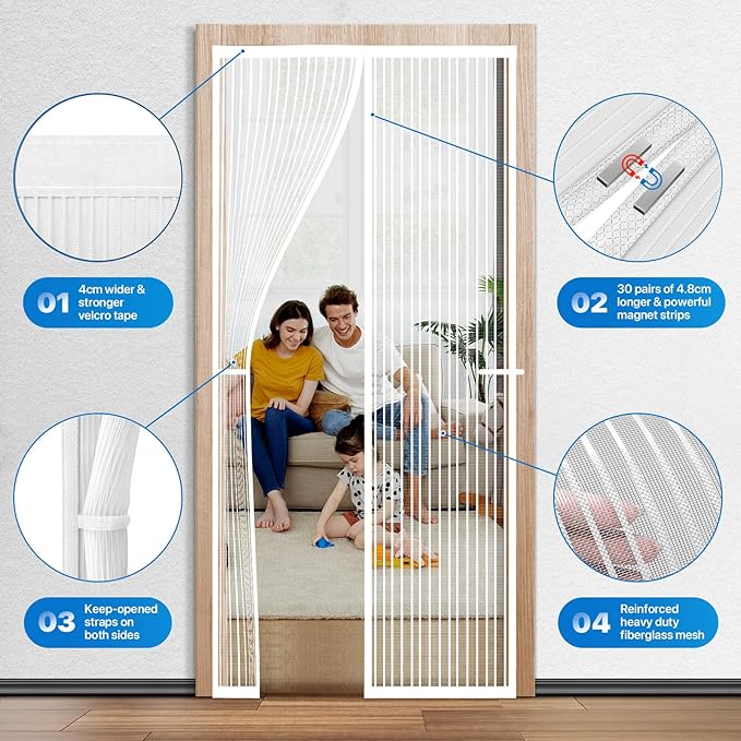 Heavy Duty Door Screen Magnetic Closure, LOVIGA Thickened Fiberglass Screen Door Mesh, Self Sealing, Tear Resistant, Easy Assemble, Fine Mesh Keep Bugs Out Fit Door Size 30 Inch X 80 Inch White