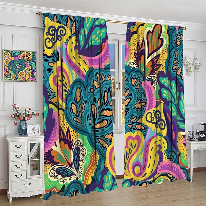 Bohemian-Style Floral Blackout Curtains with Psychedelic Abstract Paisley Print for Bedrooms, Living Rooms, and Kitchens63X63 Inch
