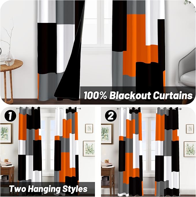 Tyrot Orange 100% Blackout Curtains for Bedroom 96 inch Long 2 Panels Set Black Grey Modern Abstract Geometric Black Out Curtains Insulated Room Darkening Window Drapes for Living Room, 52Wx96L