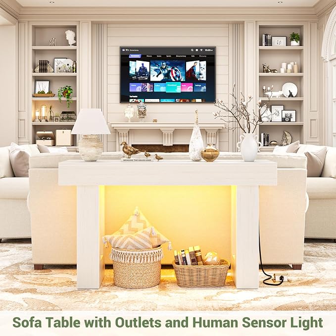 Unikito 47" Entryway Table with Socket and Sensor Light, Narrow Console Table with Storage Behind Couch, Farmhouse Entry Way Tables with Open Storage for Entrance/Hallway/Living Room, Rustic White