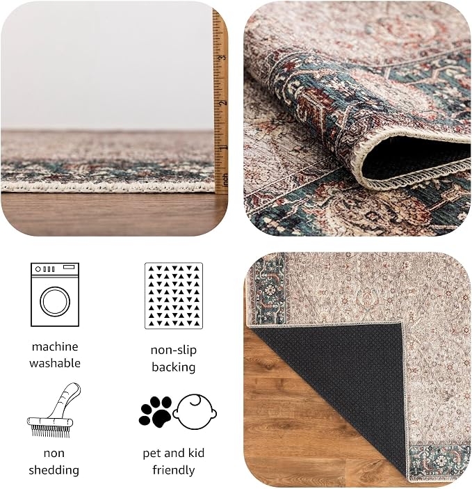 Keen Home Design 48"x72" Rug - Machine Washable Area Rug with Non-Slip Backing, Ideal for Living Room, Dining Room, Bedroom - Vintage, Easy Clean, Durable, Low Pile - (4' x 6')