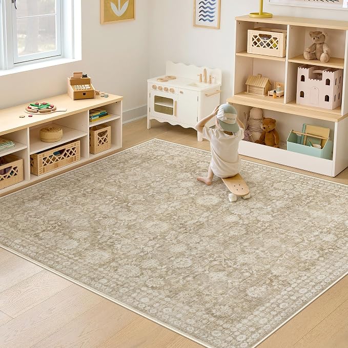 5x7 Area Rugs for Living Room: Washable Vintage Floral Rug Low Pile Non-Slip Boho Carpet for Nursery Bedroom Dining Room (Brown, 5'x7')