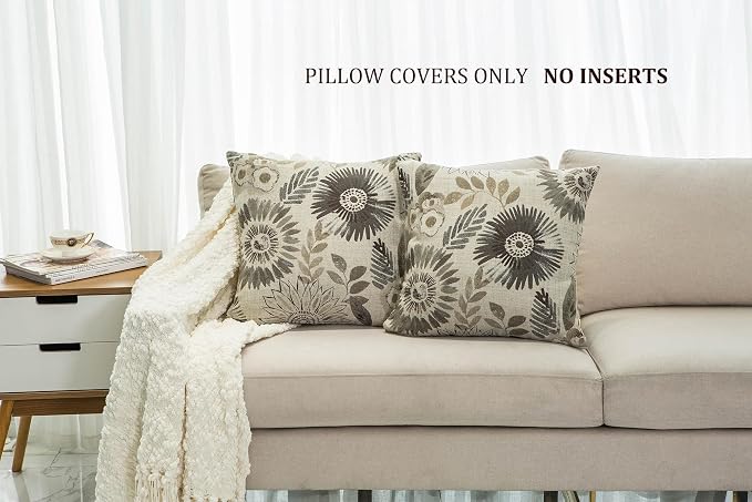 Mika Home Pack of 2 Throw Pillow Covers Decorative Pillow Cases for Sofa Couch Bed,Sunflower Pattern,22x22 Inches,Grey Cream