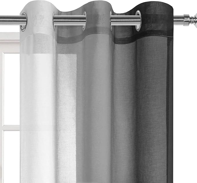 DWCN Black Ombre Sheer Curtains - Faux Linen Gradient Semi Voile Bedroom and Living Room Curtains, Set of 2 Grommet Top Window Curtain Panels, 42 x 84 Inches Long