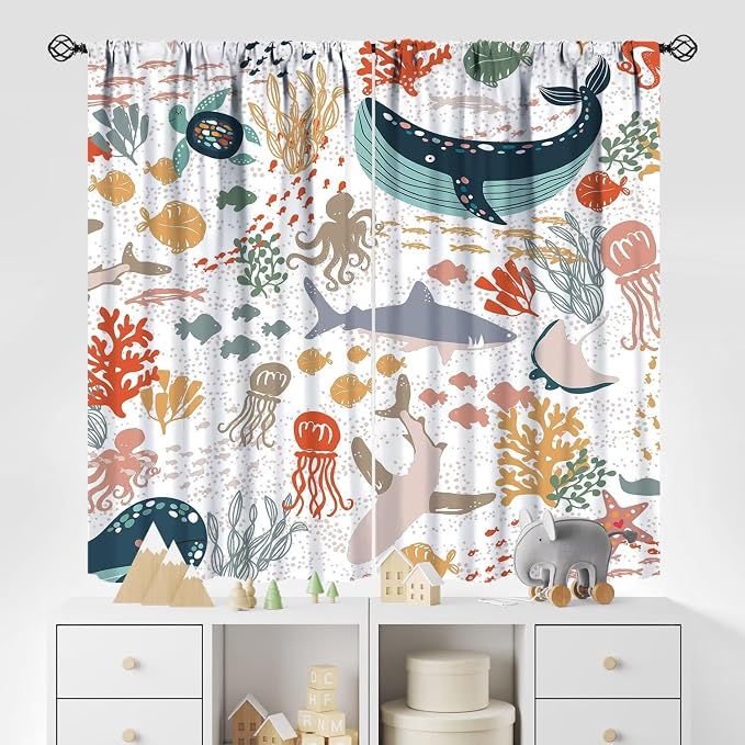 YCness Kids Sea Animal Curtains Funny Turtle Whale Ocean Colorful Art Printed Blackout Window Drapes for Boys Girls Bedroom Nursery Decor Fabric Set 2 Panel 63x72 Inch 80% Shading Rate