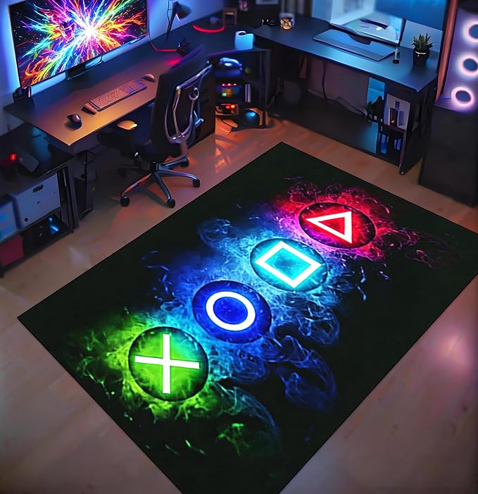 Games Area Rugs, Gamer Rug for Boy Cool Player Room Decor, Gaming Carpets for Boys Teens, Child Play Soft Floor Mat for Dining Living Room Sofa, Video Game Decor Decorate Doormats Black
