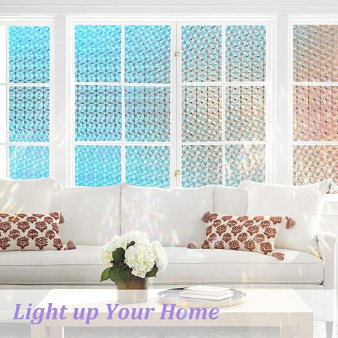 Windimiley Stained Glass Window Privacy Film, Rainbow Clings, 17.5" x 78.7" | 3D Diamond Decorative Window Film,Static Cling No Glue Removable, UV Heat Blocking,Renter Friendly for Bathroom Bedroom Door