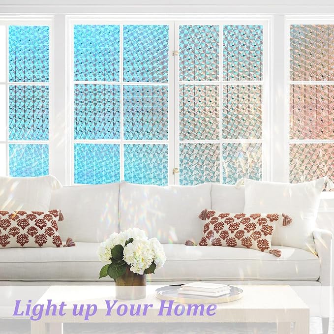 Windimiley Stained Glass Window Privacy Film, Rainbow Clings, 35.4" x 78.7" | 3D Diamond Decorative Window Film,Static Cling No Glue Removable, UV Heat Blocking,Renter Friendly for Bathroom Bedroom Door