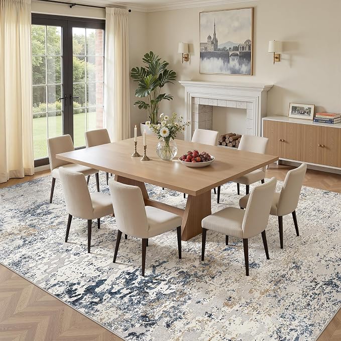 DMOYEST Area Rug Living Room Rugs - 11x14 Large Soft Indoor Neutral Modern Abstract Low Pile Washable Rug Carpet for Bedroom Dining Room Farmhouse Home Office - Beige Blue