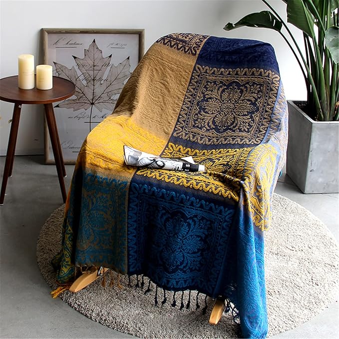 Bohemian Throw Blanket for Couch，Colorful Chenille Tassels Boho Woven Hippie Bed Blankets for Couch Sofa Chair Recliner Loveseat, Bohemian Fringe Tassels Decor Home (86" x 103")