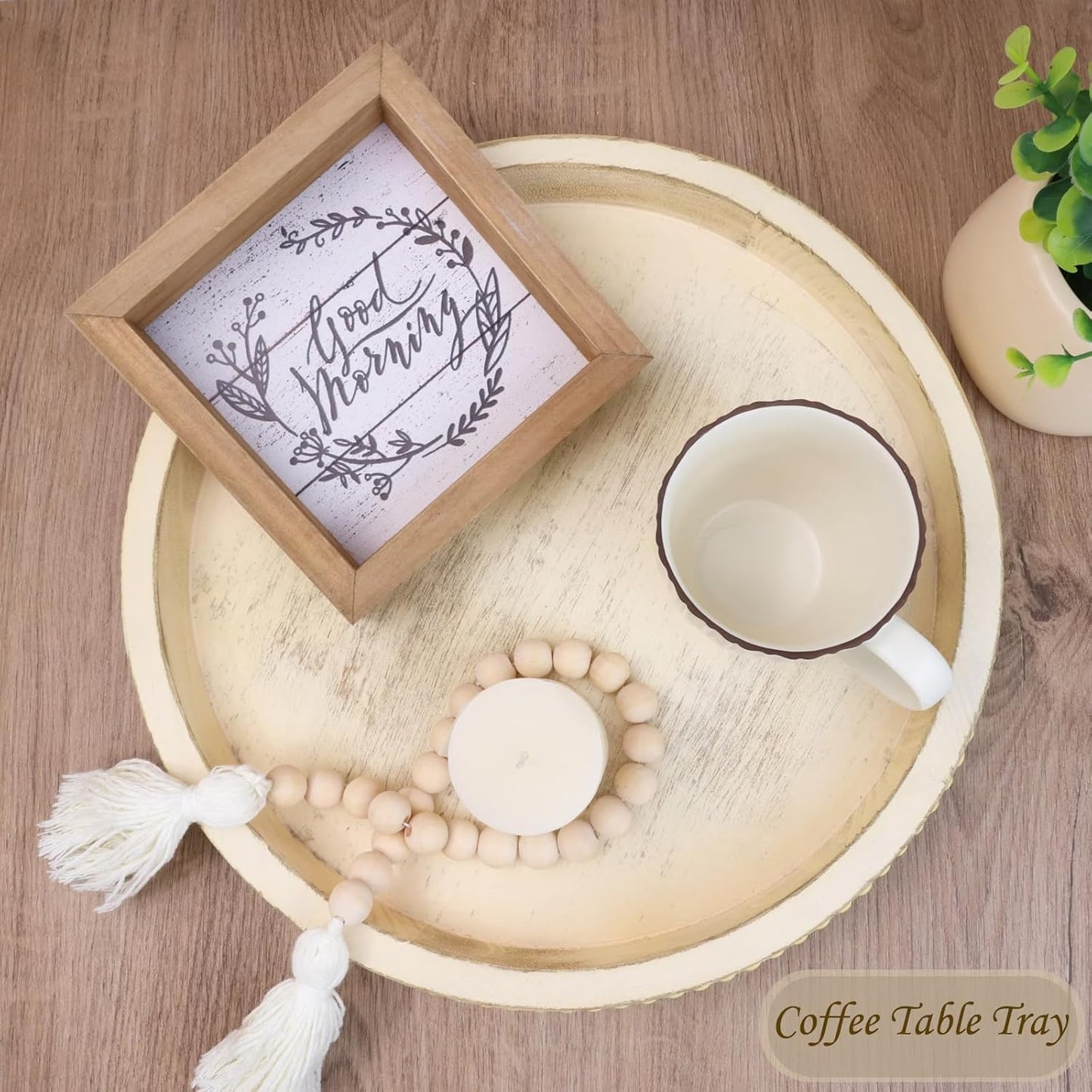 Round Wood Serving Tray with Beads, Yellow Washed Wooden Decorative Tray for Entertaining, Decoration, and Gifting