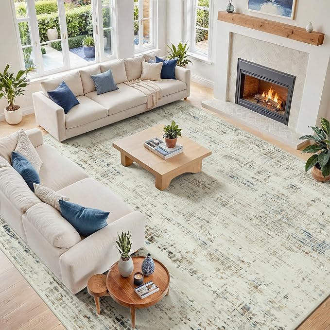 10x12 Area Rugs for Living Room Washable Rug: Anti-Skid Abstract Modern Living Room Rug Soft Thin Carpets Indoor Floor Non-Shedding Carpet for Bedroom Dining Farmhouse Nursery Gray White Blue