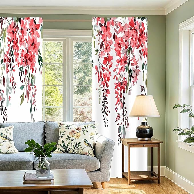 Red Watercolor Floral Curtains, Botanical Leaves Vine Flowers Curtain, Rustic Farmhouse Flower Leaf Blackout Window Treatment Drapes for Bedroom Living Room 52x72 inch, 2 Panels