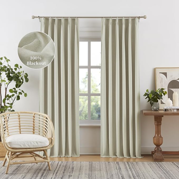 Blackout Pinch Pleated Curtains for Bedroom 84 Inch Length, Linen Blended Farmhouse 100% Blackout Thermal Insulated Back Tab Drapes with Hooks for Track System 2 Panels-Natural Linen/Greige, W40xL84