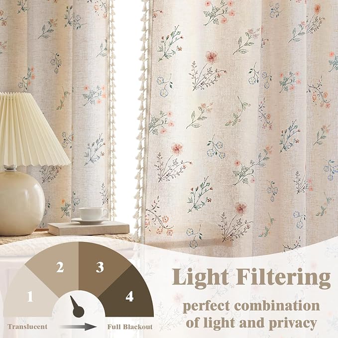 Boho Floral Spring Light Filtering Curtains 90 Inch Length 2 Panels Set, Farmhouse Semi Sheer Bedroom Living Room Vintage