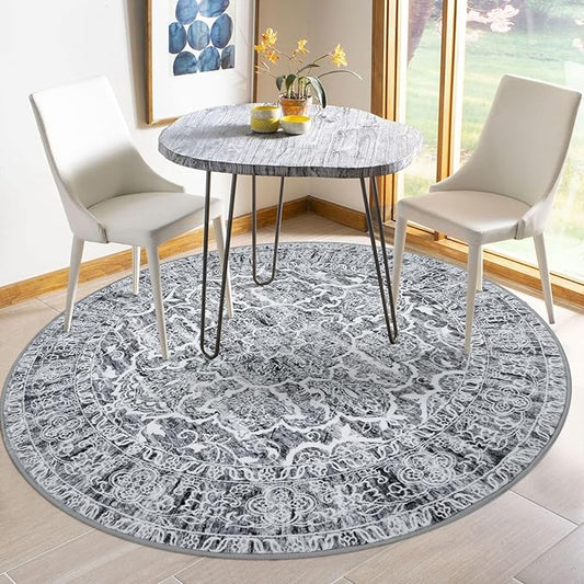 KUTA Vintage Round Rugs 5ft, Grey Blue White Washable Circle Rug 5ft, Non-Slip Printed Medallion Carpet for Living Room, Soft Cozy Dining Kitchen Throw for Entryway