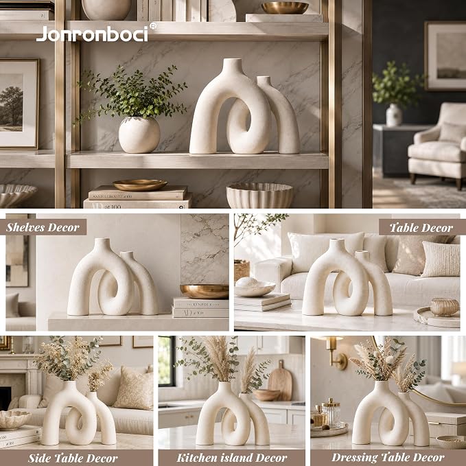 Hug Donut Decorative Vase Set - Modern Nordic Boho Style Vases Home Decor, Matte Ceramic Decorations for Living Room Shelf, Bookshelf Mantle Entryway Table or Console Décor (Cream White)