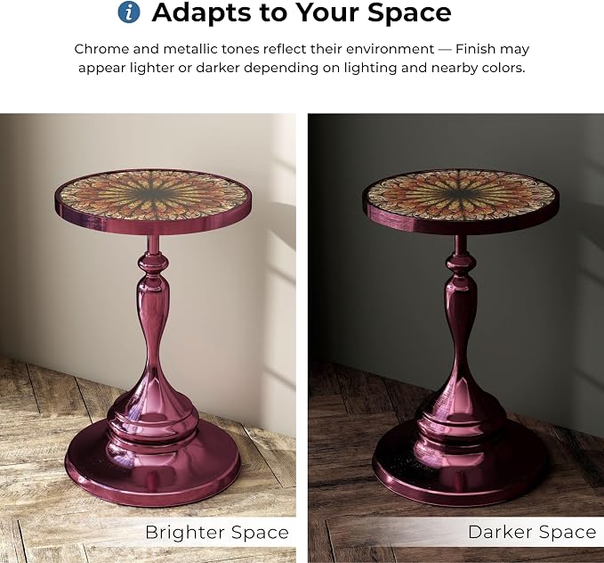 Homes: Inside + Out Halric Modern 24" Tall Round End Table with Decorated Tabletop and Iron Metal Base, Accent Furniture, Elegant Pedestal Stand for Living Room, Home Office, Chrome Purple
