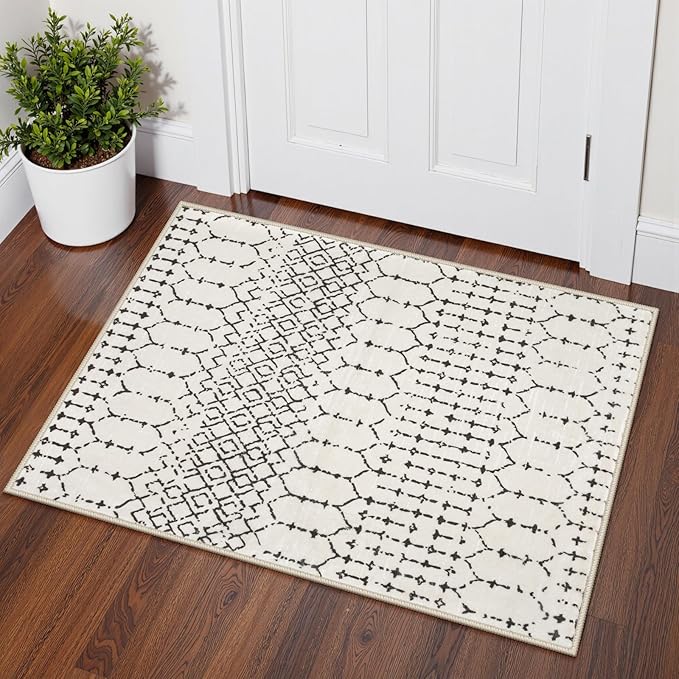 Lahome Moroccan Front Door Rugs Indoor 2x3 Non-Slip Washable Door Mats Indoor Rubber Backing Untra-Thin Beige Small Kitchen Rug, Geometric Print Inside Door Mats for Home Entrance Bathroom Sink Hana