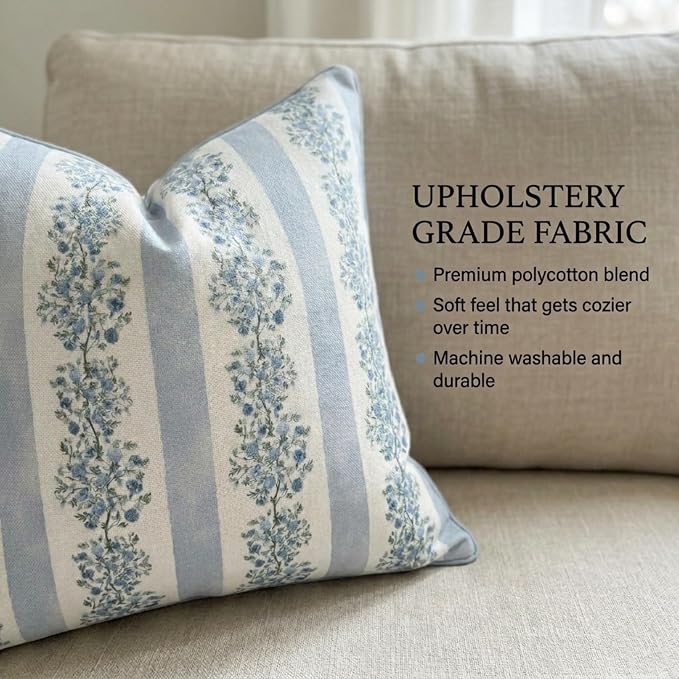 Jillien Harbor “The Juliet” Floral Block Print Pillow Cover – Soft Blue and Off-White Decorative Throw Pillow Cover – Grandmillennial Home Decor, 20" x 20"