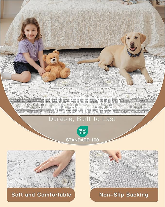 Madane Washable Runner Rugs 2x10 Long for Hallway Kitchen, Grey | Non-Slip Low-Pile 10ft Rug Runners Soft, Stain-Resistant Floor Carpet Mat for Entrance, Living Dining Laundry Room, Stair