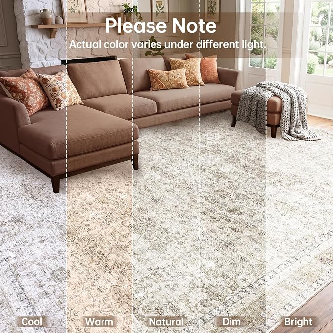 Sasttie Round Rugs 8ft, Ultra-Soft Washable Circle Rug, Low Pile Foldable Thin Carpets with Non-Slip Backing, Skin-Friendly Stain Resistant Carpet for Living Room, Bedroom, Kitchen, Dorm, 8ft, Beige