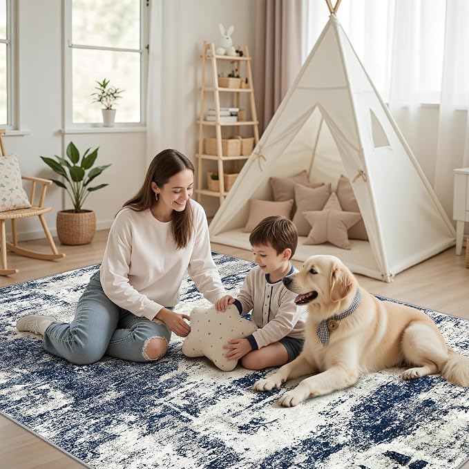 10x14 Area Rugs Living Room Rugs: Large Washable Rug with Anti-Slip Backing Non-Shedding Stain-Resistant Soft Abstract Carpet for Bedroom Dining Room Nursery Home Office-Blue/Gray