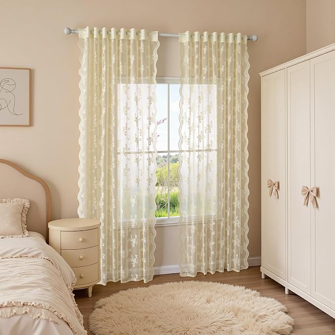 MEETSKY Lace Sheer Curtains 90 Inch Length Light Yellow Vintage Victorian French Elegant Light Filtering Rod Pocket Boho Style Drapes for Living Room Bedroom for Farmhouse, 50" W, 2 PCs